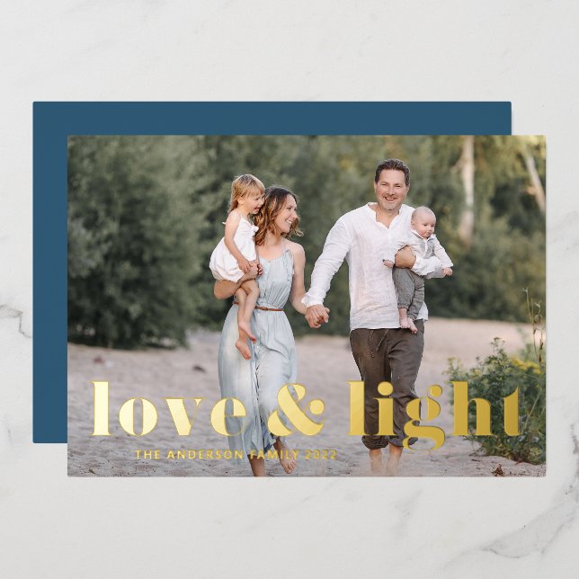 Love and Light Bold Typography Hanukkah Photo Foil Holiday Card (Front/Back)
