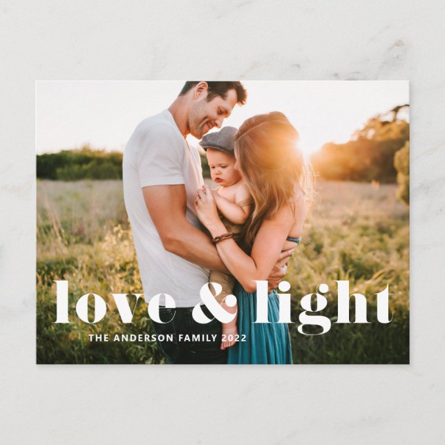 Love and Light Bold Typography Hanukkah Photo Holiday Postcard (Front)