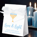 Love and Light Hanukkah Menorah Custom Party Favor Box<br><div class="desc">Cute custom Love and Light Hanukkah party favour box for Jewish family gifts at a Chanukah party or a synagogue. Personalize with your own last name or group information in blue around the pretty gold menorah.</div>