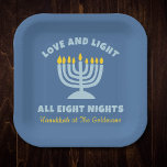 "Love and Light" Jewish Eight Nights of Hanukkah Paper Plate<br><div class="desc">Celebrate each night of Hanukkah with these beautiful "Love and Light" plates, perfect for serving holiday treats and traditional dishes. Featuring a serene blue background, a radiant menorah illustration, and the heartfelt message "Love and Light All Eight Nights, " these plates bring warmth and joy to your holiday table. Personalized...</div>
