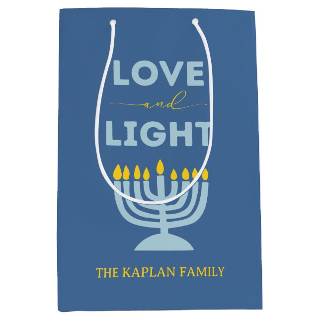 "Love and Light" Menorah Personalized Hanukkah Medium Gift Bag (Front)