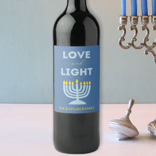 "Love and Light" Menorah Personalized Hanukkah Wine Label