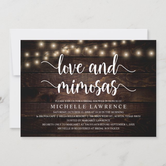Love and Mimosas, Rustic Bridal Shower Celebration Invitation (Front)
