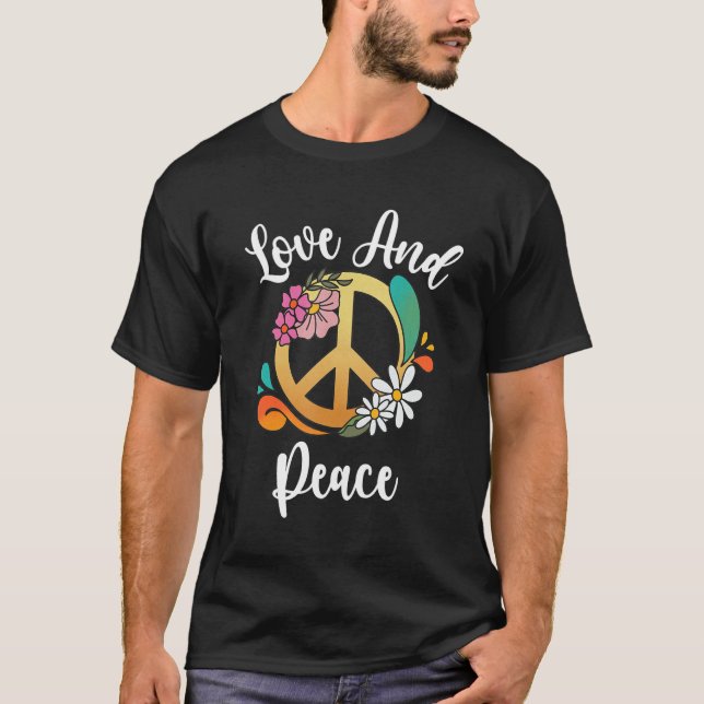 Love And Peace Retro Peace Sign With Flowers 2 T-Shirt (Front)