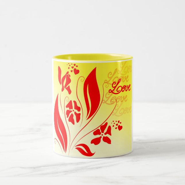 Love and Swirled Flowers Two-Tone Coffee Mug (Center)