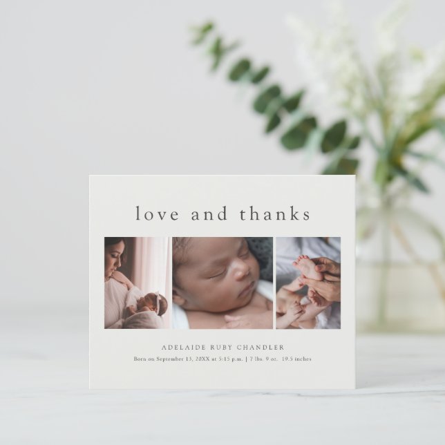 Love and Thanks 3 Photo New Baby Carte de remercie (Debout devant)