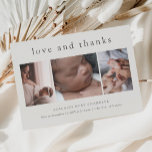Love and Thanks 3 Photo New Baby Thank You Card<br><div class="desc">******* MATTE PAPER IS THIN. UPGRADE FOR A THICKER PAPER. NO ENVELOPES INCLUDED. FOR CARD STOCK, THICKER CARDS, CHECK OUT THE LINK BELOW. CARD STOCK, THICKER CARDS HAVE AN OPTION FOR ENVELOPES OR INCLUDES THEM******** No envelopes, paper flyer version. Save money on formal thank you cards with this economical paper...</div>