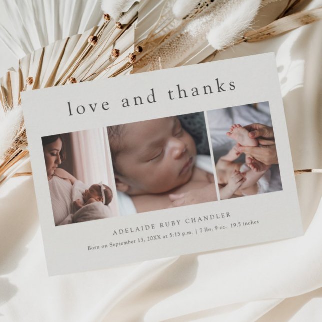 Love and Thanks 3 Photo New Baby Thank You Card (Creator Uploaded)