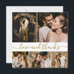 Love and Thanks 5 Photo Collage Wedding Thank You  Card<br><div class="desc">Elegant „Love and Thanks” Script 5 Photo Collage Wedding Thank You Card. Modern wedding thank you card template featuring five (5) photo on the front and one (1) photo on the back side. With the calligraphy script „Love and Thanks” in a swirly handwritten swash-tail font in gold on white colour...</div>