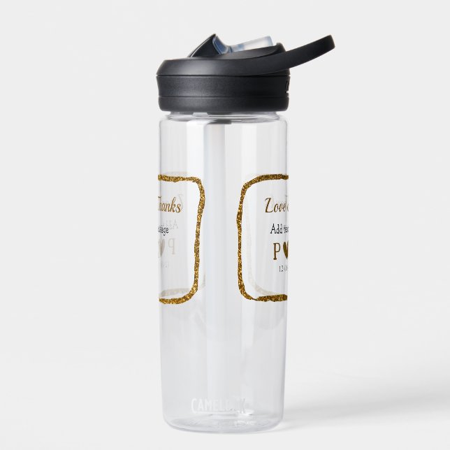 Love and thanks add couple name golden black weddi water bottle (Left)