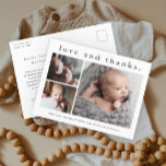 Love and Thanks Baby Photo Birth Announcement Postcard<br><div class="desc">A sweet 3 photo collage birth announcement and thank you note card featuring a simple modern type and 3 pictures on the front. The back is a mailable postcard with a large full name header and personal message from the family. Click the edit button to customize this design with your...</div>