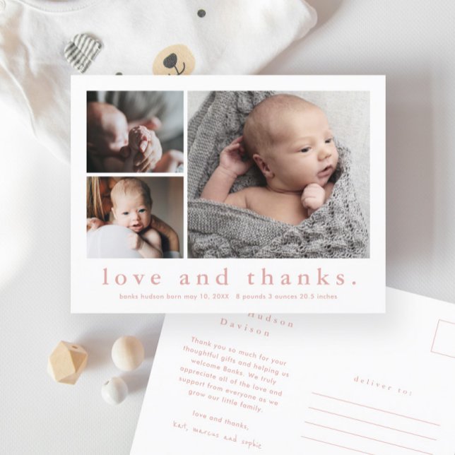 Love and Thanks Baby Photo Birth Announcement Postcard (Simple typography love and thanks 3 photo collage baby girl thank you card birth announcement.)