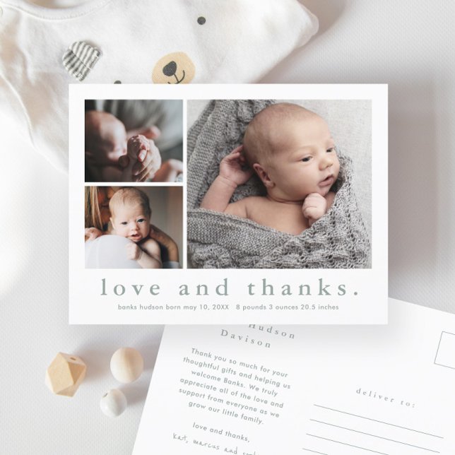 Love and Thanks Baby Photo Birth Announcement Postcard (Simple typography love and thanks 3 photo collage baby neutral thank you card birth announcement.)