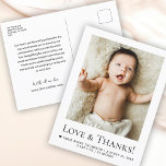 Love and Thanks Baby Photo Birth announcement Postcard<br><div class="desc">Share your joy with this Love and Thanks Baby Photo Birth Announcement,  featuring one cherished photo,  your baby’s name,  and a customizable heartfelt message—perfect for announcing your little one’s arrival and expressing gratitude.</div>