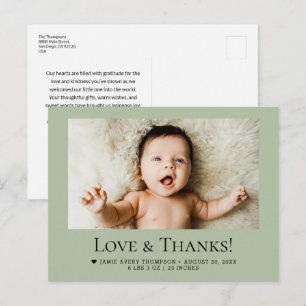 Love and Thanks Baby Photo Birth Stats Sage Green Postcard