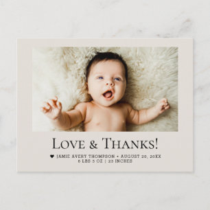 Love and Thanks Baby Photo Birth Stats Soft Beige Postcard