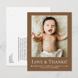 Love and Thanks Baby Photo Earth-tone Birth Stats Postcard