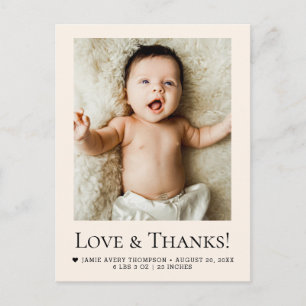 Love and Thanks Beige Baby Photo Birth Postcard