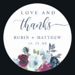 Love and Thanks Berry Blue Burgundy Floral Favour Classic Round Sticker<br><div class="desc">Elegant berry, blue and burgundy floral favour sticker with the phrase "Love and Thanks" in a mixture of modern hand written calligraphy and block typography. Ideal for weddings or other events. Gorgeous watercolor floral detail at the bottom in a beautiful blend of berry, raspberry, cranberry, burgundy, plum, dusty blue and...</div>