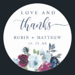 Love and Thanks Berry Blue Burgundy Floral Favour Classic Round Sticker<br><div class="desc">Elegant berry, blue and burgundy floral favour sticker with the phrase "Love and Thanks" in a mixture of modern hand written calligraphy and block typography. Ideal for weddings or other events. Gorgeous watercolor floral detail at the bottom in a beautiful blend of berry, raspberry, cranberry, burgundy, plum, dusty blue and...</div>