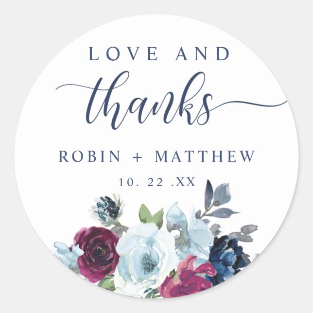Love and Thanks Berry Blue Burgundy Floral Favour Classic Round Sticker (Front)