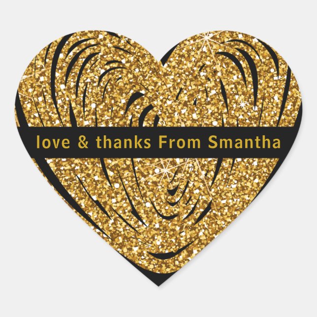 Love and Thanks Black and Gold Faux Foil Thank You Heart Sticker (Front)