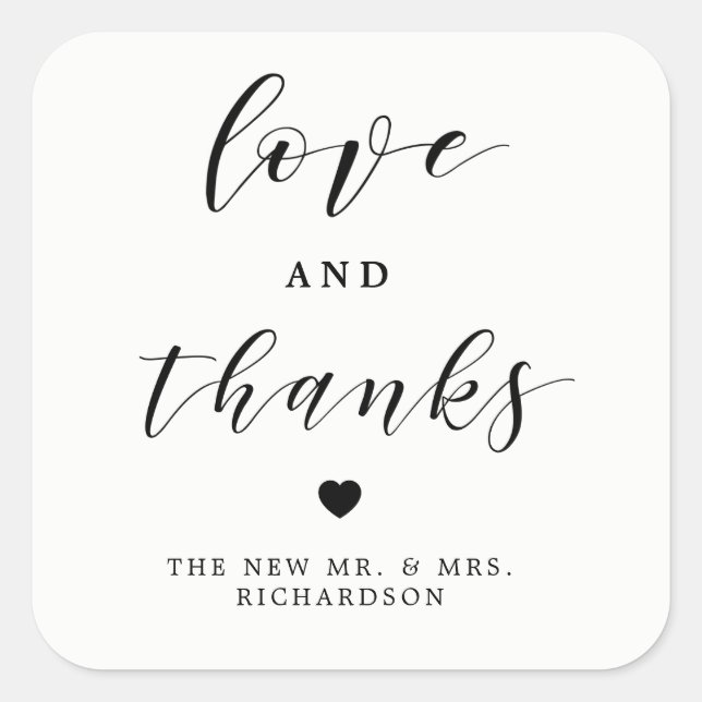 Love and Thanks | Black and White Wedding Square Sticker (Front)