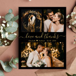 Love and Thanks Black Gold Wedding Thank You Card<br><div class="desc">Elegant, Modern Black and Gold Hand Lettered Wedding Photo Collage Thank You Card. Stylish wedding thank you card template featuring three photo on the front and one photo on the back. With the text "Love and thanks" in a swirly hand lettered typography script font in gold colour on black background....</div>