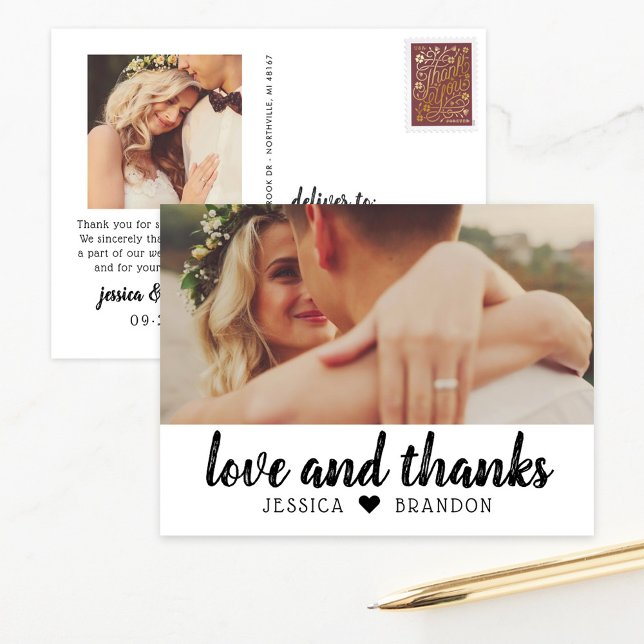 Love and Thanks Black Rustic Script Wedding Photo Postcard (Creator Uploaded)