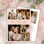 Love and Thanks Blush Photo Collage Wedding Thank You Card<br><div class="desc">Elegant, Minimalist Script Gold and Blush Wedding 5 Photo Collage Thank You Cards. Modern wedding thank you card template featuring five (5) photo on the front and one (1) photo on the back. With the text "Love and thanks" in a swirly hand lettered typography script font in gold on light...</div>