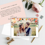 Love and Thanks | Burgundy Rustic Romance Wedding Thank You Card<br><div class="desc">This stylish "Love and Thanks" photo thank you card features a wedding portrait on the front with white text overlay and rustic floral border of fall watercolor flowers in blush,  pink,  peach,  yellow,  burgundy,  and green colours. Personalize with a custom thank you message on the back of the card.</div>