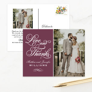 Love and Thanks Burgundy Wedding Photo Thank You Postcard