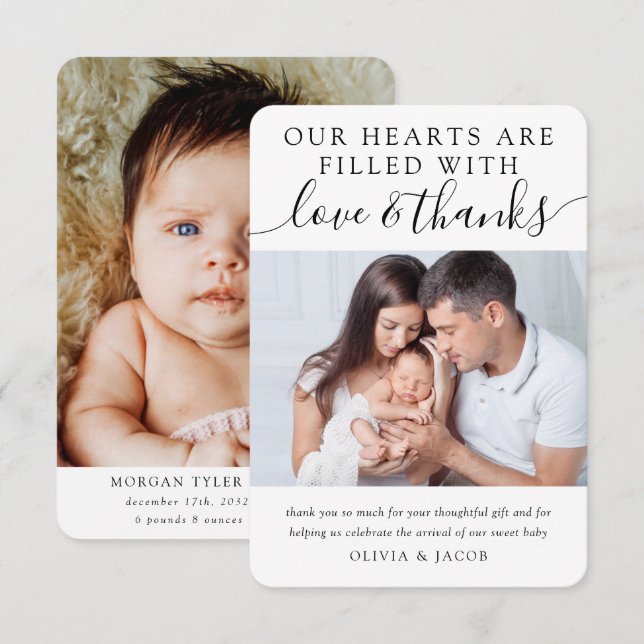 Love and Thanks Calligraphy Photo New Baby Thank You Card (Front/Back)
