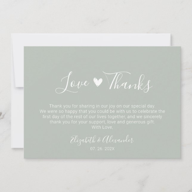 Love and Thanks Calligraphy Sage Green Wedding  Thank You Card (Front)