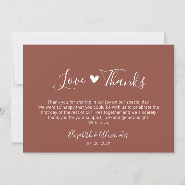 Love and Thanks Calligraphy Terracotta Wedding  Thank You Card (Front)
