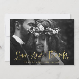 Love and Thanks   Casual Script Gold Photo Wedding Thank You Card