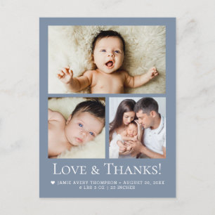 Love and Thanks Dusty blue Baby Photo announcement Postcard