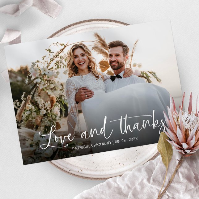 Love And Thanks Elegant Calligraphy Photo Wedding Thank You Card (Creator Uploaded)