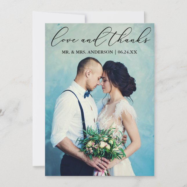 Love and Thanks Elegant Calligraphy Wedding Photo Thank You Card (Front)