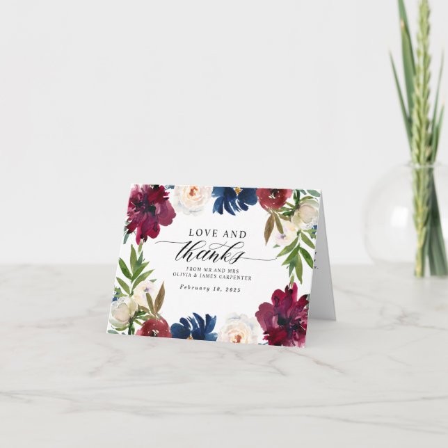 Love and Thanks Floral Navy Blue Burgundy Wedding Thank You Card (Front)