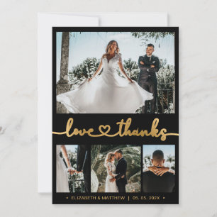 Love and Thanks Gold Heart Script 4 Photo Wedding Thank You Card