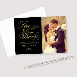 Love and Thanks Gold Script Black Wedding Photo Thank You Card