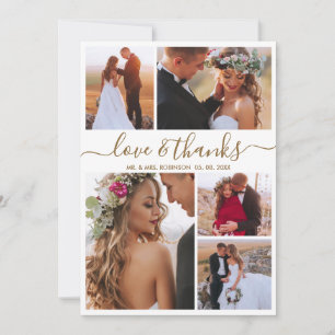 Love and Thanks Gold Script Photo Collage Wedding Thank You Card