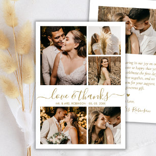 Love and Thanks Gold Script Photo Collage Wedding Thank You Card