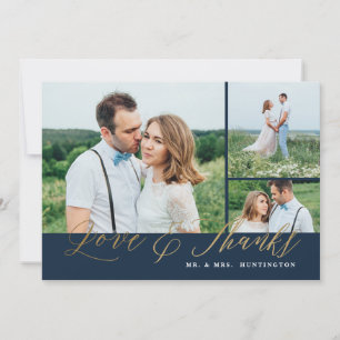 Love and Thanks Gold Script Photo Wedding Thank You Card