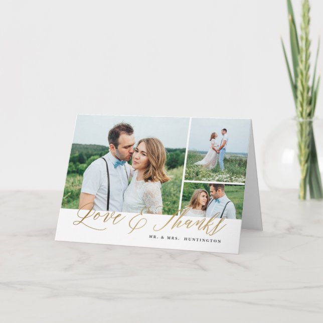 Love and Thanks Gold Script Photo Wedding Thank You Card (Front)