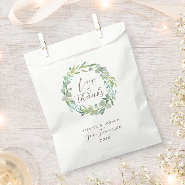 Love and Thanks Green Wreath Eucalyptus Wedding Favour Bag (Clipped)