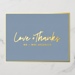 Love and Thanks Handwritten Script Dusty Blue Foil Holiday Postcard