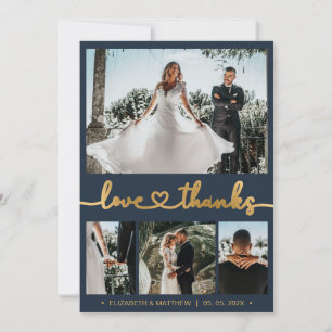 Love and Thanks Heart Script Navy 4 Photo Wedding Thank You Card