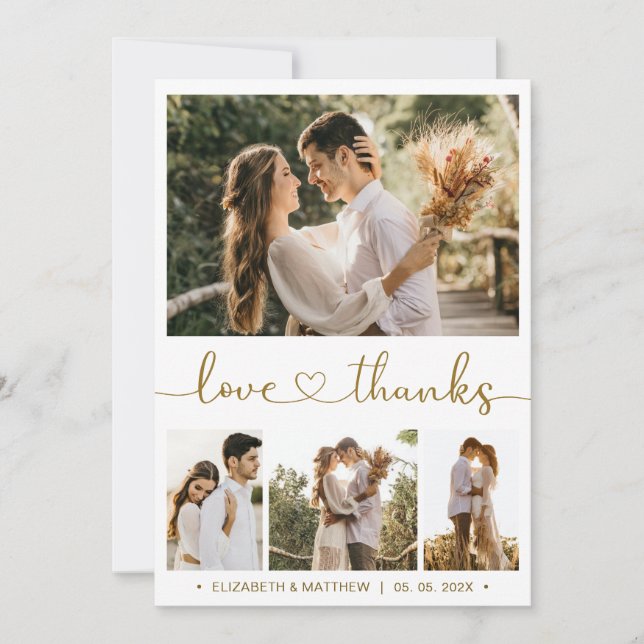 Love and Thanks Heart Script Photo Collage Wedding Thank You Card (Front)